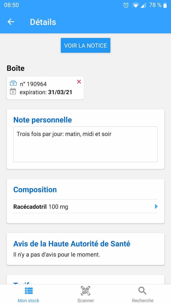 capture de la vue Détails du stock